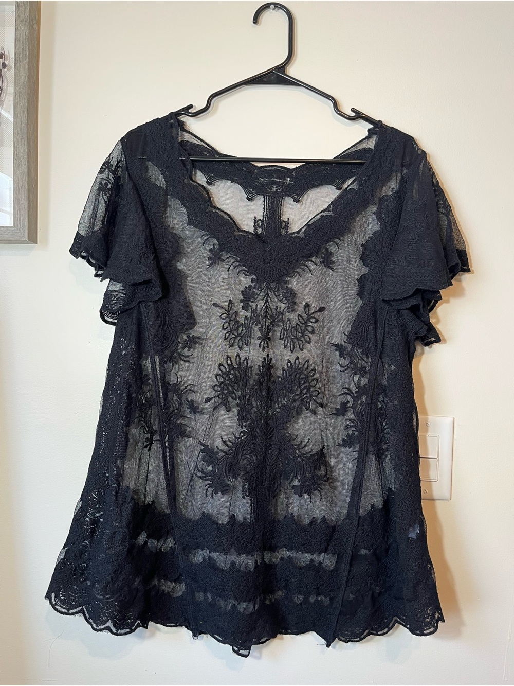 Sheer Black Lace Flutter-Sleeve Blouse